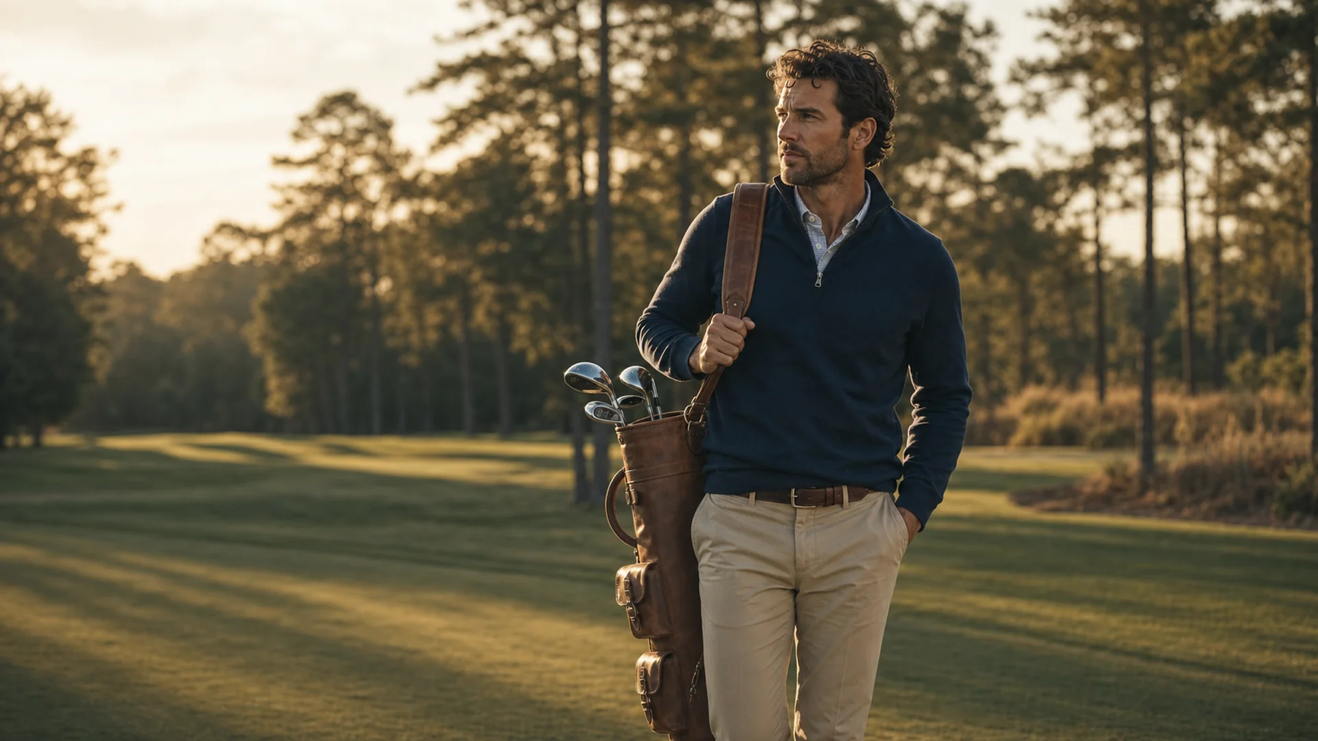 A golfer carrying a leather golf bag on a fairway at golden hour.