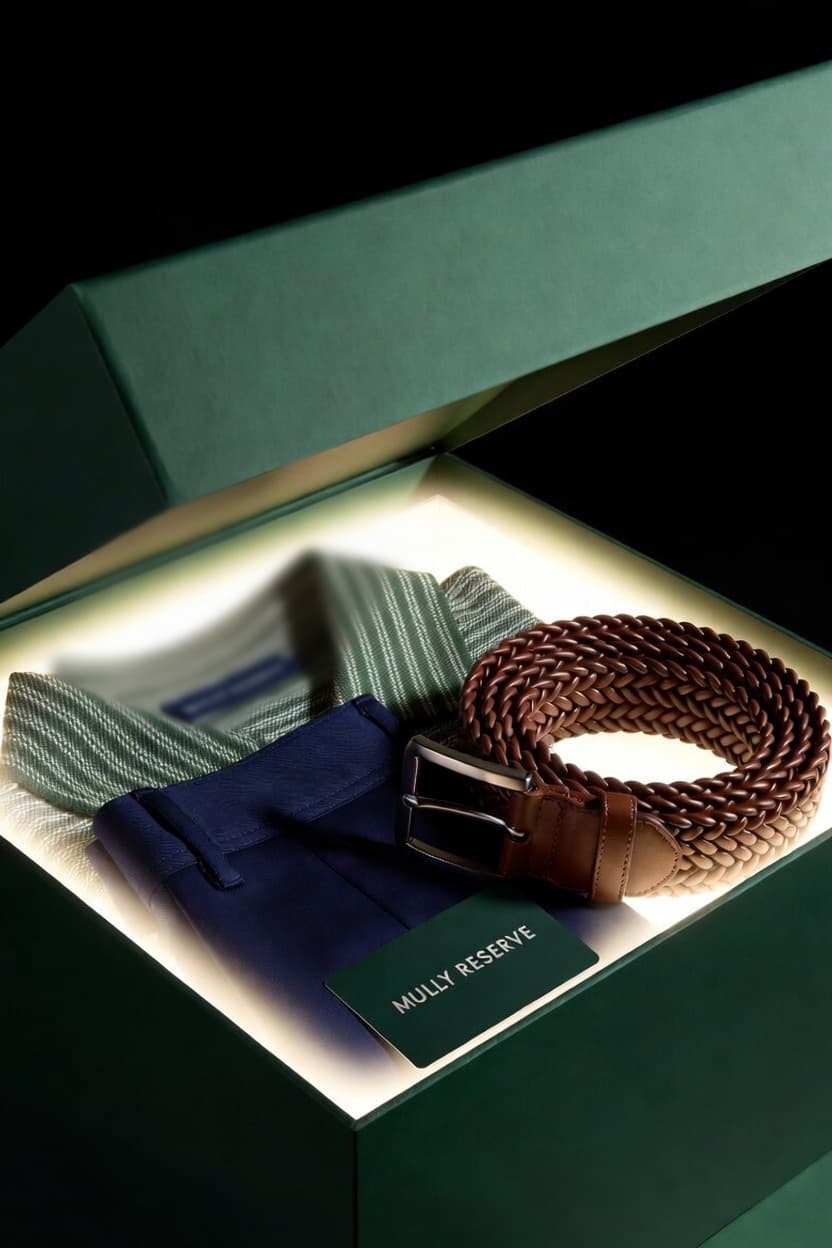 Mully Reserve box with a striped polo, navy pants, and woven leather belt